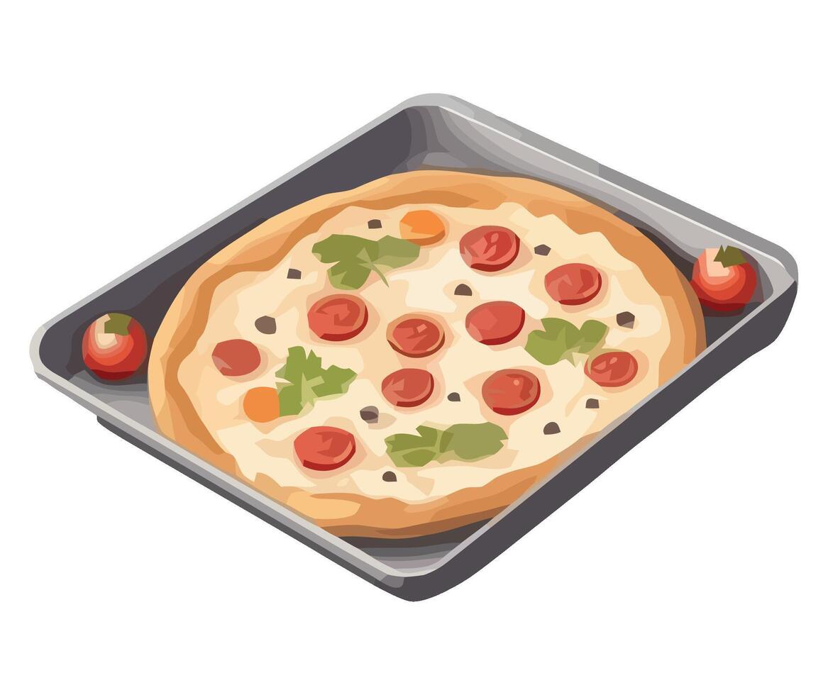 Pizza in a pan with tomatoes and herbs on a white background vector