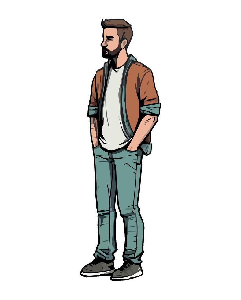 A cartoon man with a beard standing in jeans vector