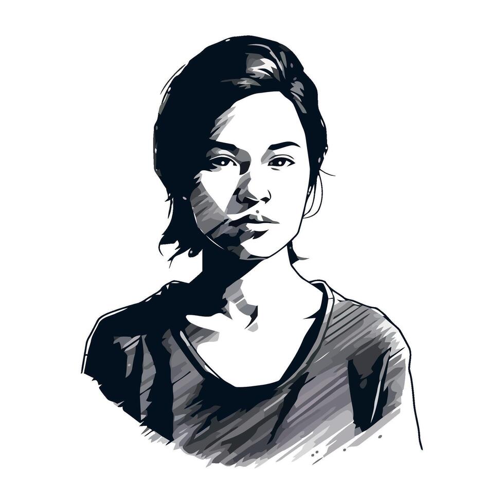 A black and white drawing of a woman vector