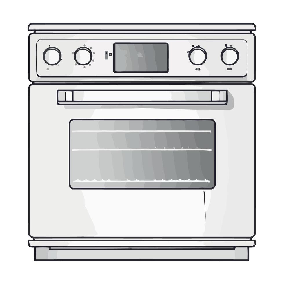 A white oven with a black handle and a white door vector