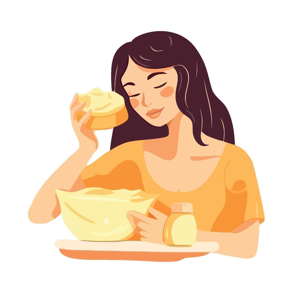Woman eating a bowl of yogurt vector