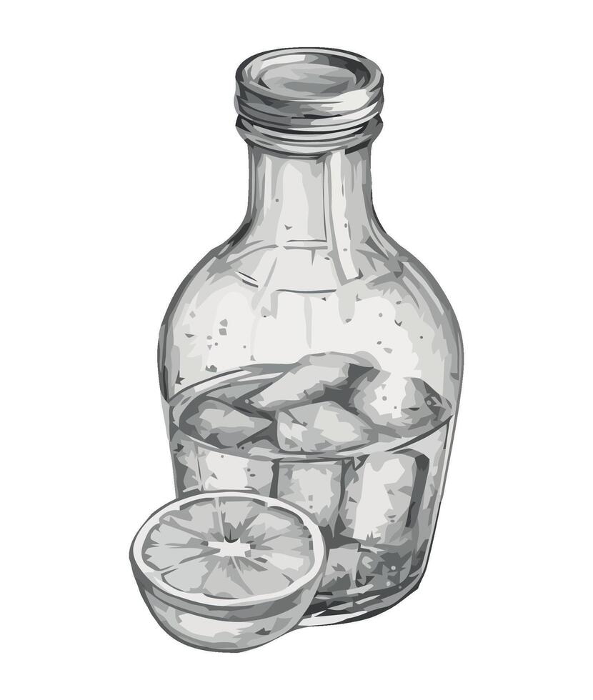 A drawing of a glass bottle with ice and lemon slices vector