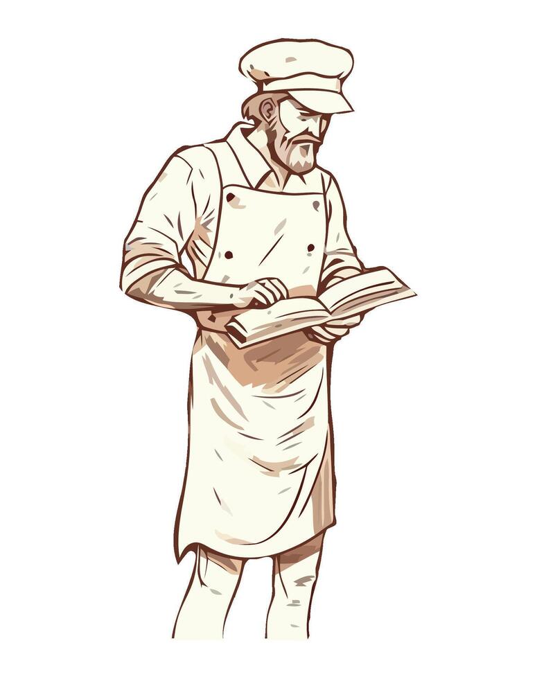 A man in an apron is reading a book vector