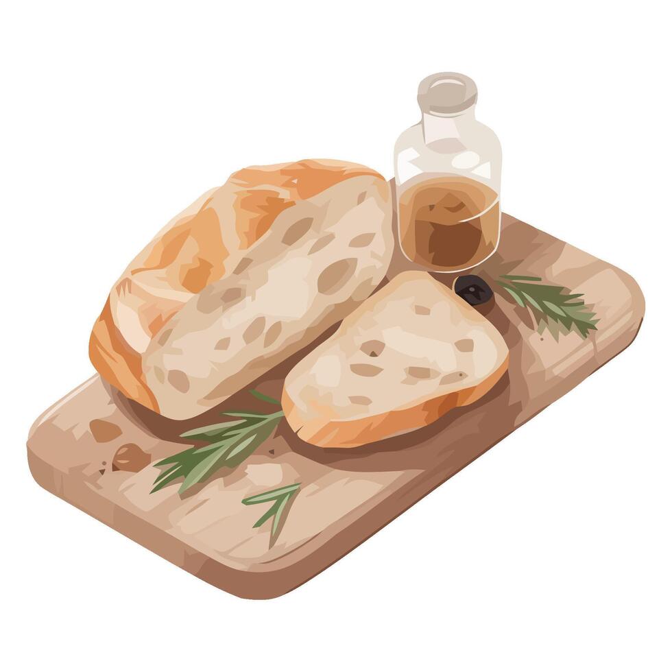 Bread with olive oil and rosemary on a cutting board vector