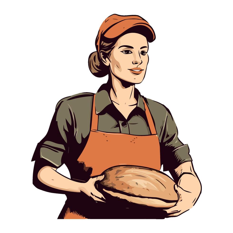 Woman in apron holding bread vector