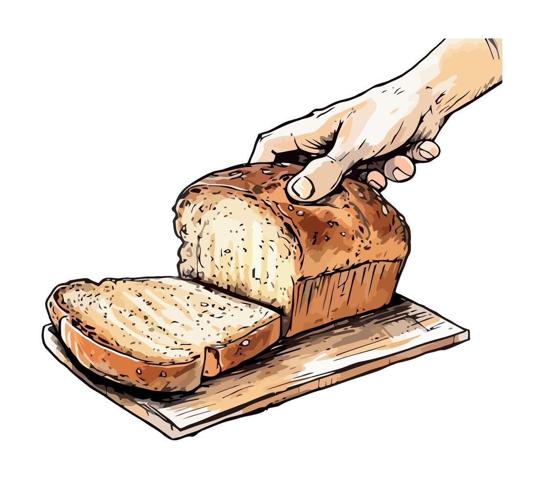 Hand holding bread slice on cutting board illustration vector