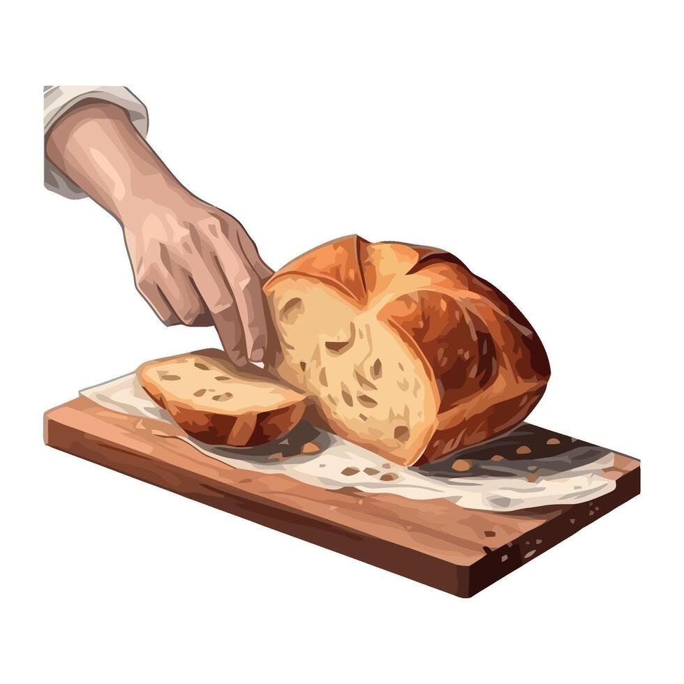 A hand is holding a loaf of bread on a cutting board vector