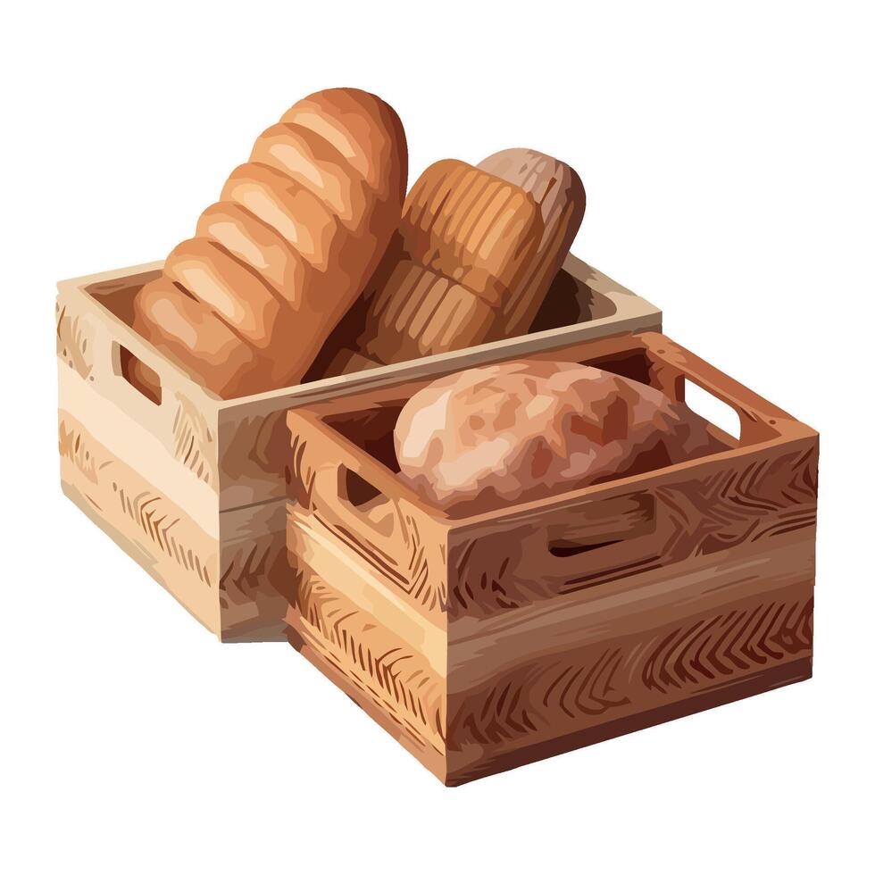 Bread in wooden boxes on white background vector