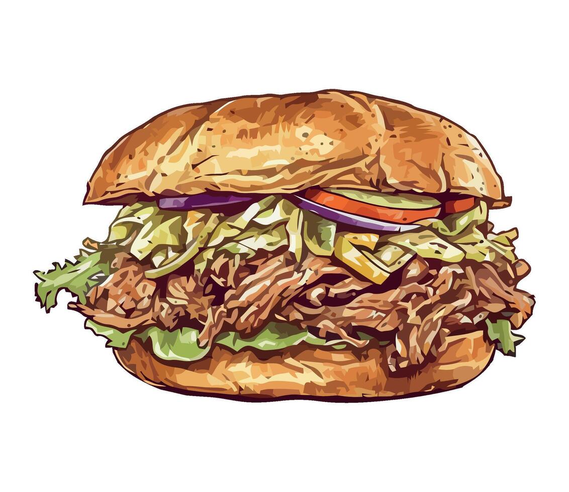 A drawing of a pulled pork sandwich with lettuce and tomatoes vector