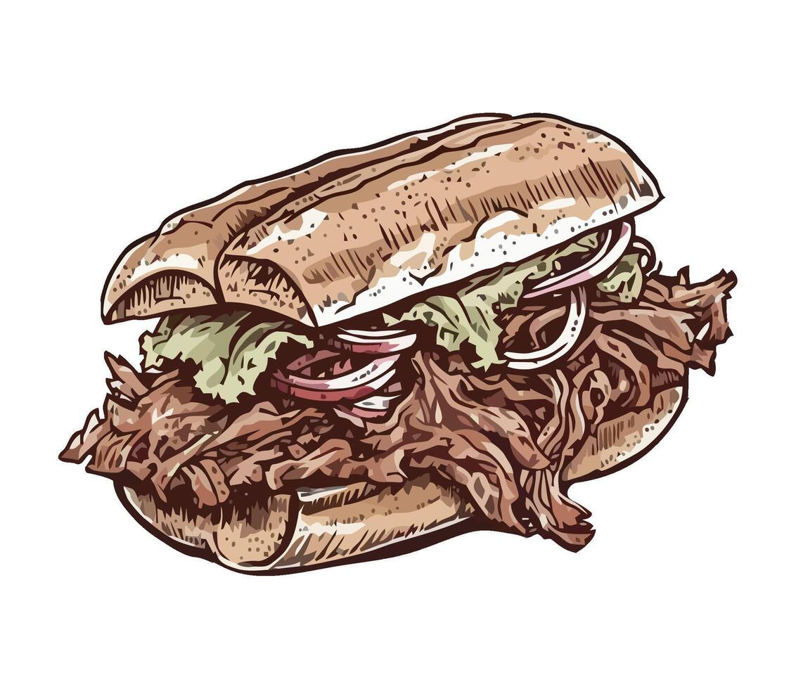A drawing of a beef sandwich with lettuce and onions vector