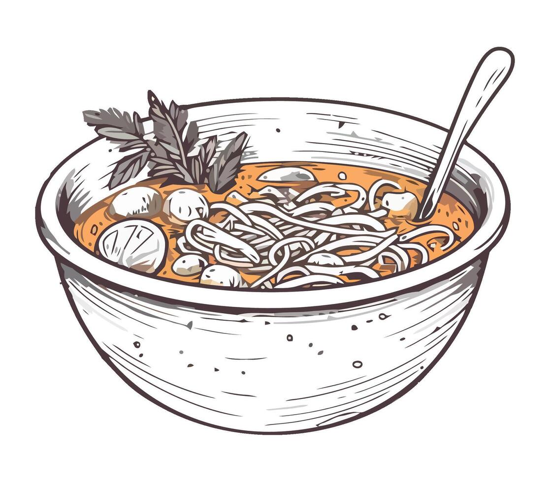 A bowl of noodles with broth and vegetables vector