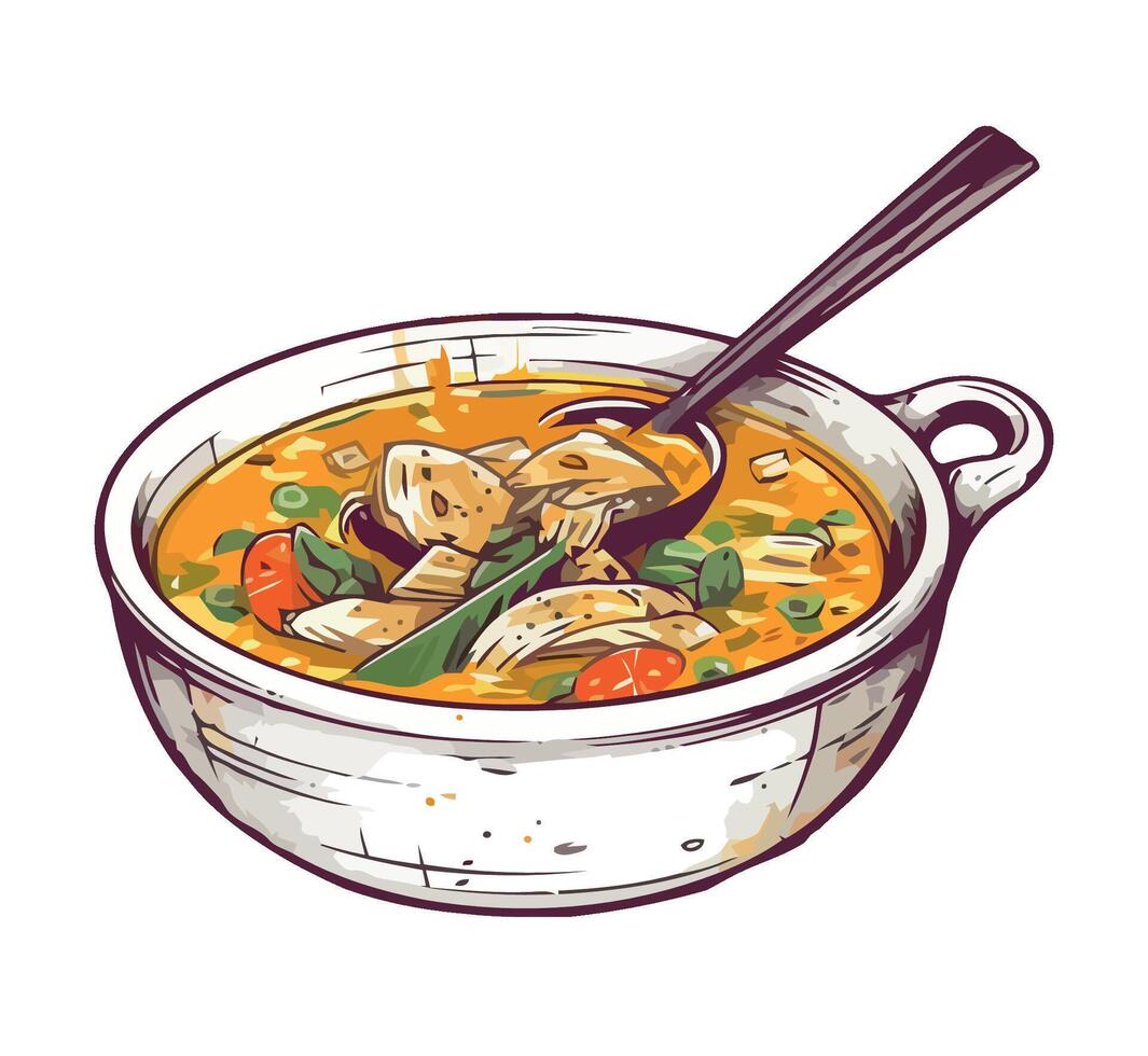 A bowl of soup with chicken and vegetables vector