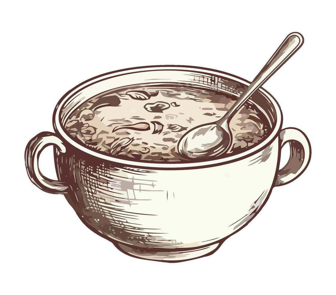 A drawing of a bowl of soup with a spoon vector