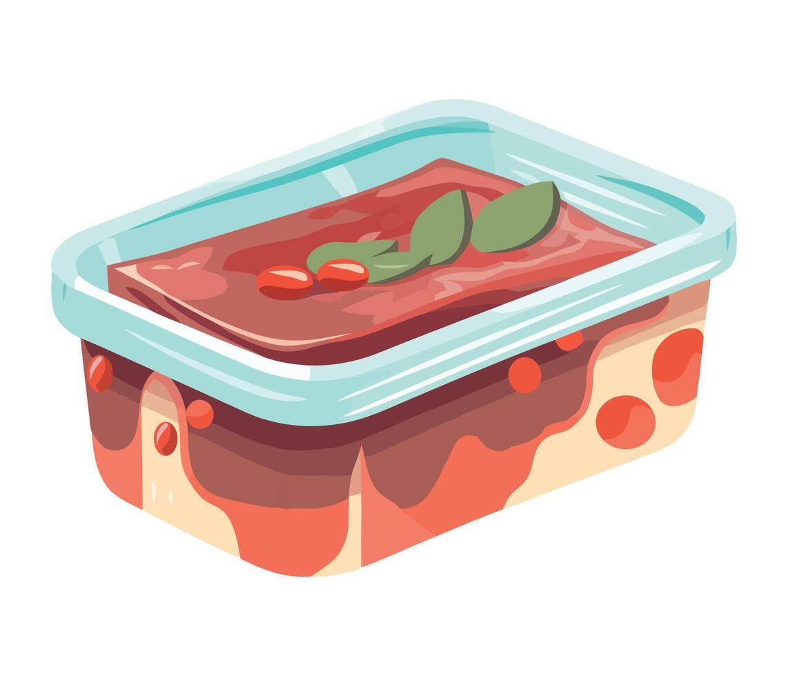 A container with meat and sauce in it vector
