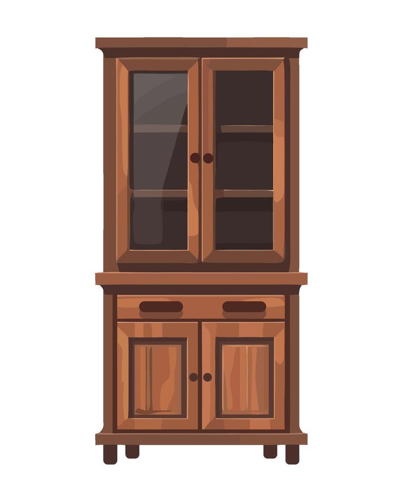 Wooden cabinet with glass doors, furniture illustration vector