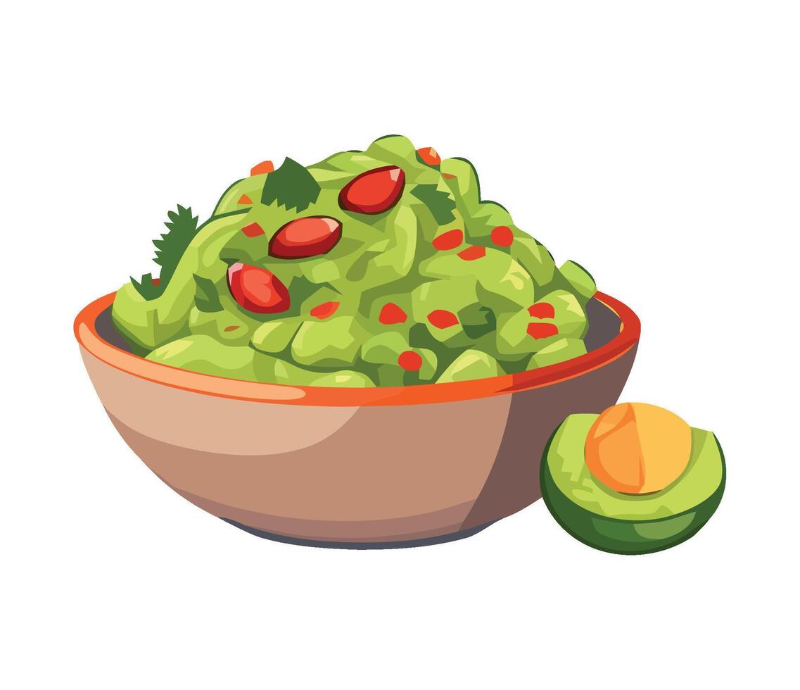 Guacamole in bowl with red peppers and tomatoes illustration vector