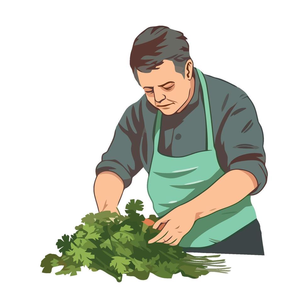 An illustration of a man cutting vegetables vector