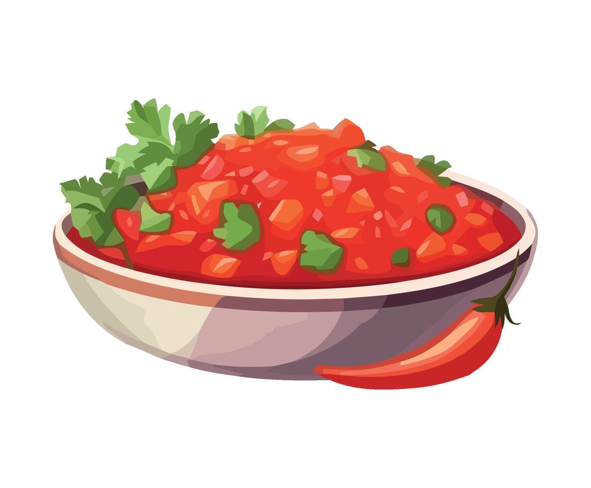 Mexican salsa in bowl with chili and cilantro illustration illustration vector