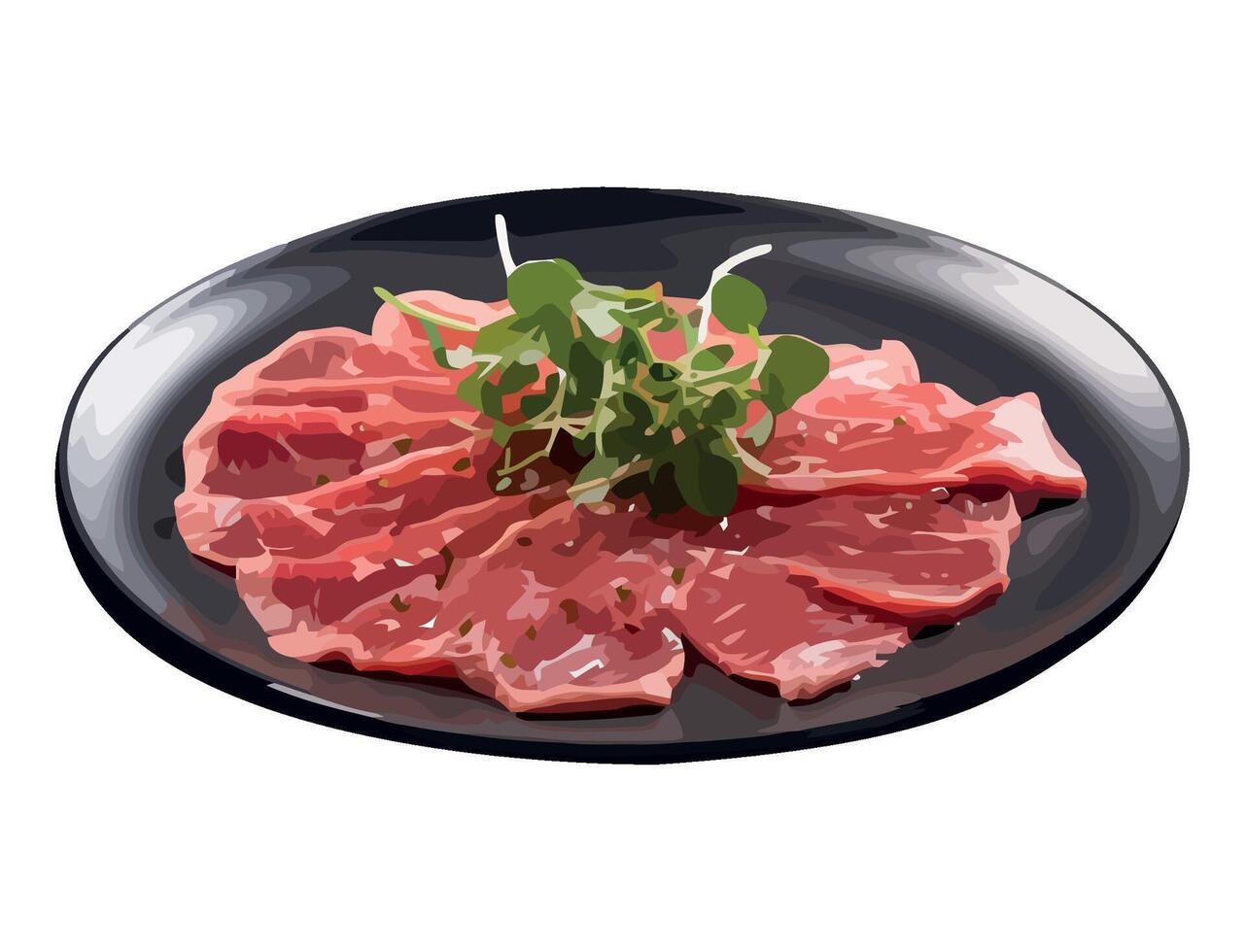 A plate of raw meat with a green leaf on it vector