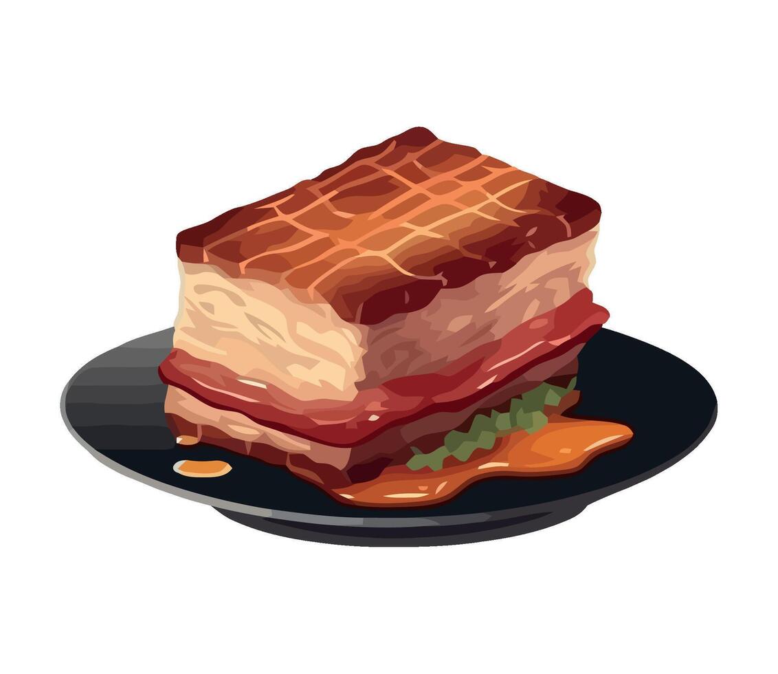 A piece of meat on a plate with sauce vector