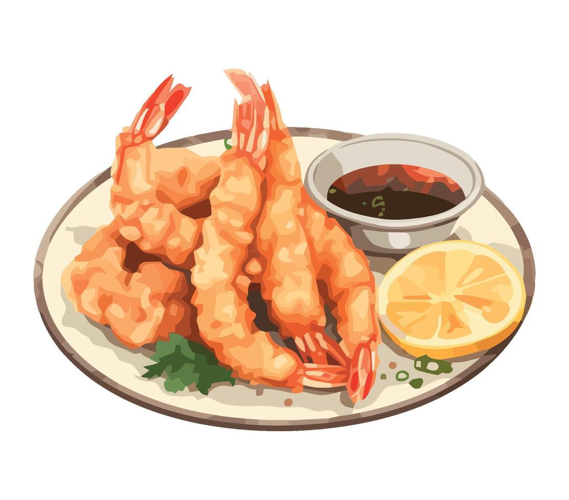 Fried shrimp with dipping sauce on a plate vector