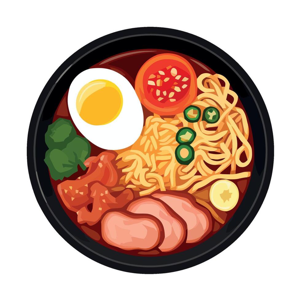 Ramen noodles with meat, egg and vegetables in a bowl vector