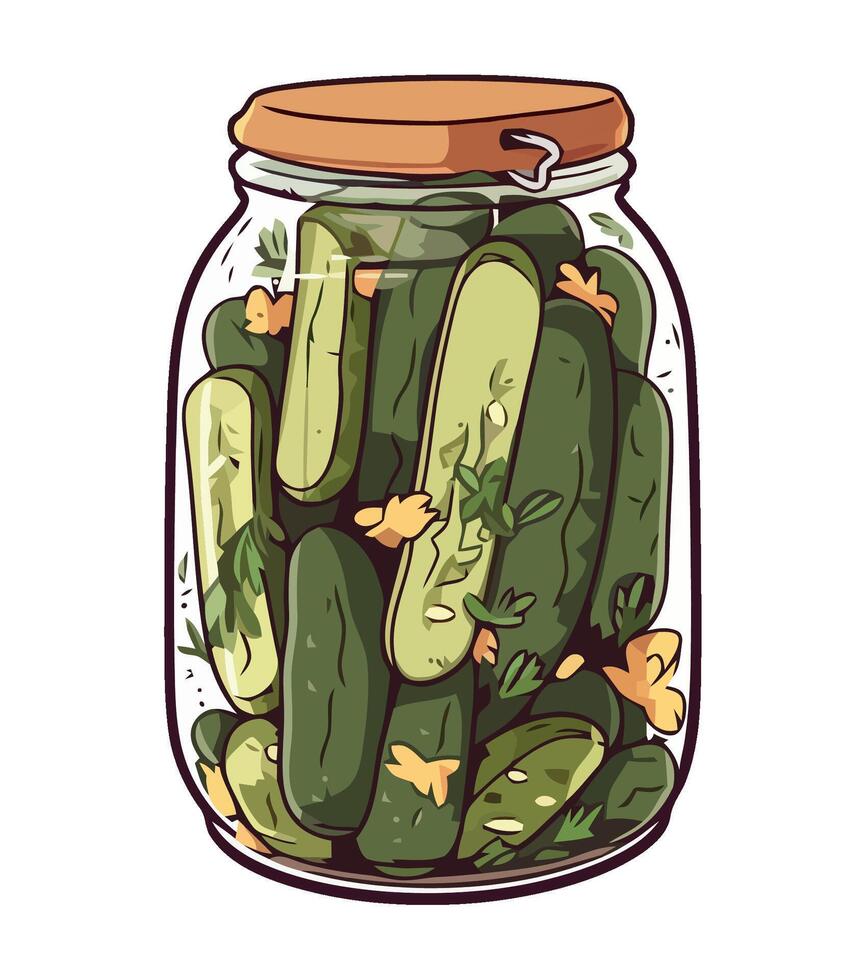 A jar full of pickles with a wooden lid vector