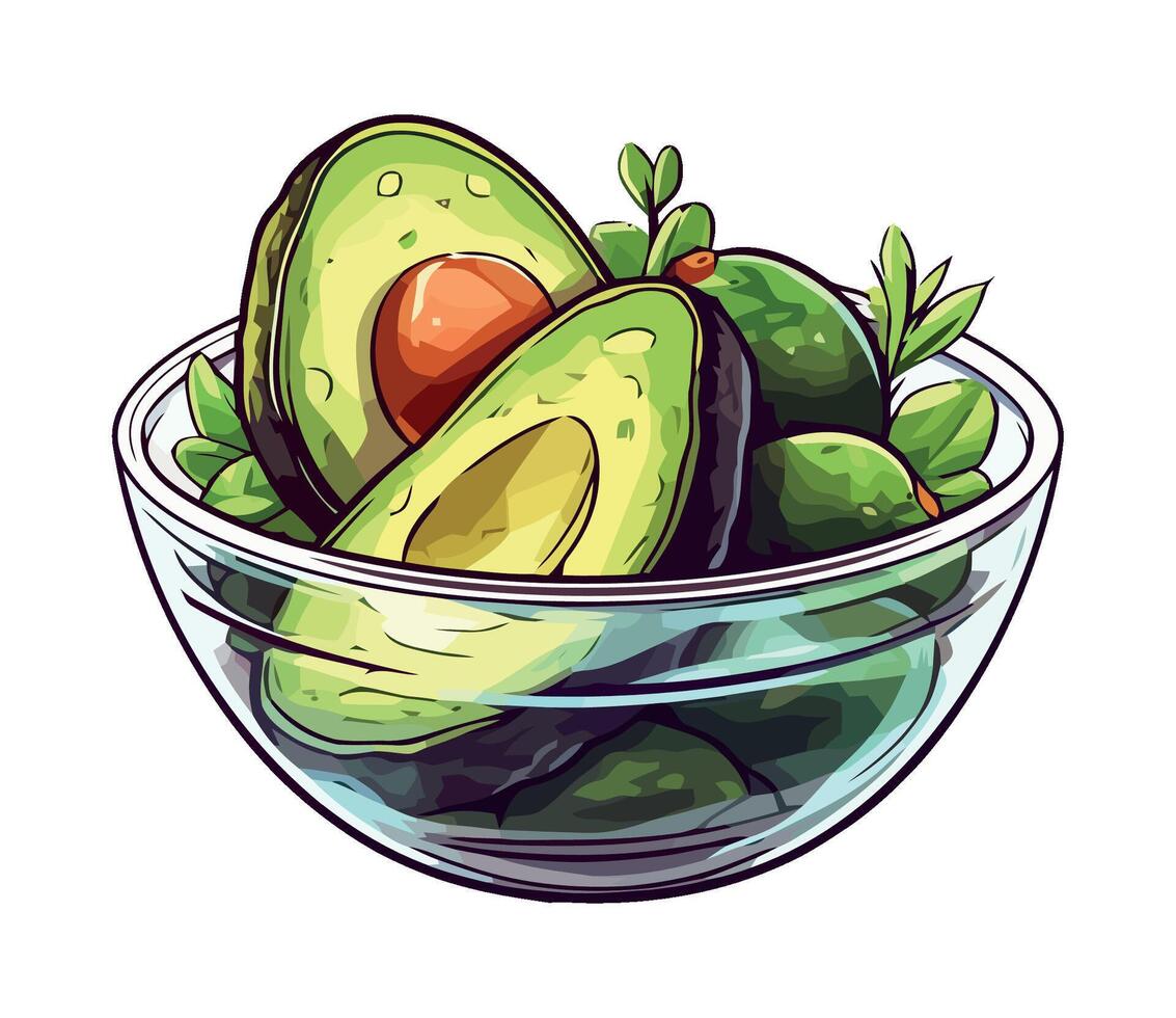Avocado in a glass bowl with herbs and leaves vector