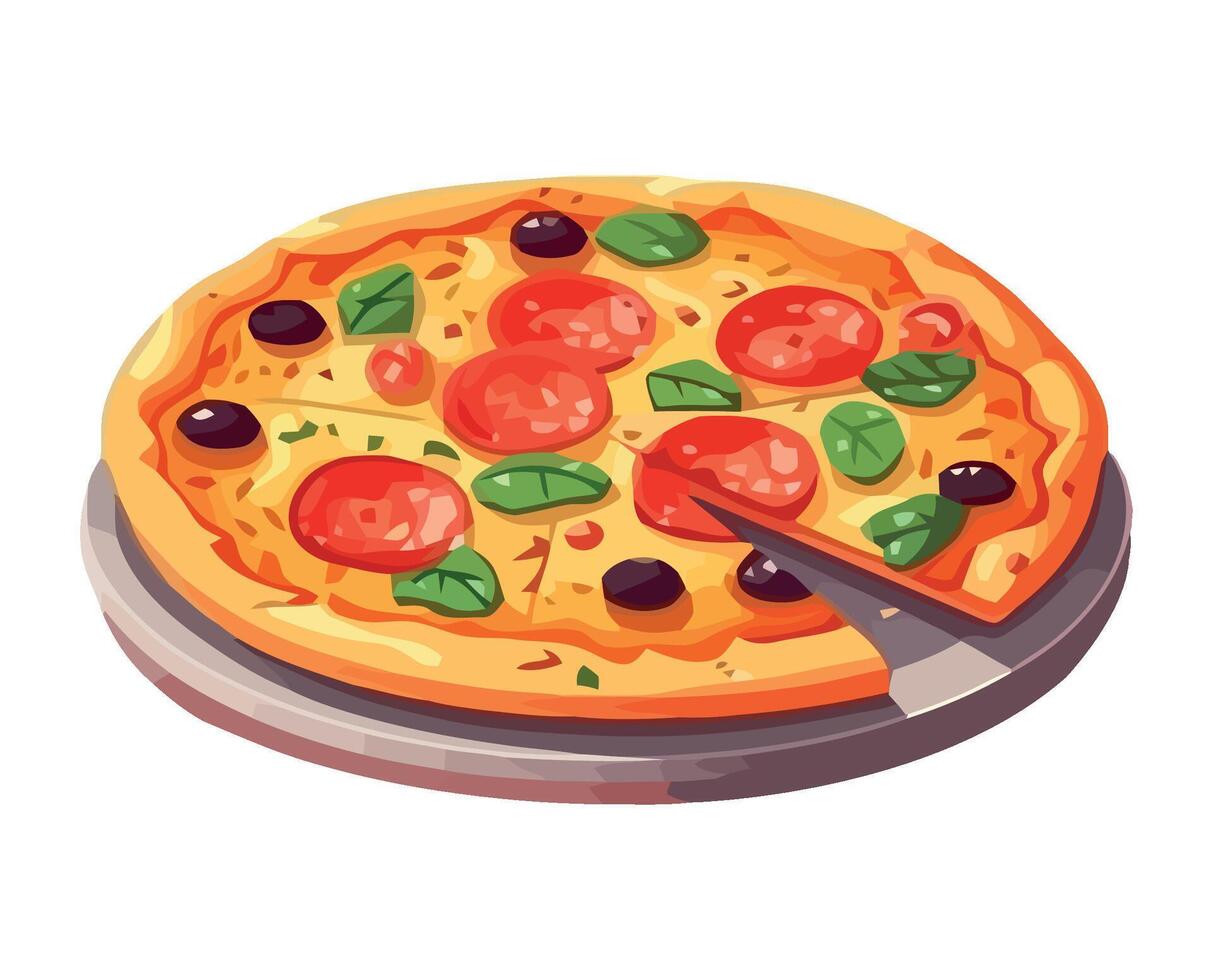 Pizza with pepperoni and olives on a plate vector
