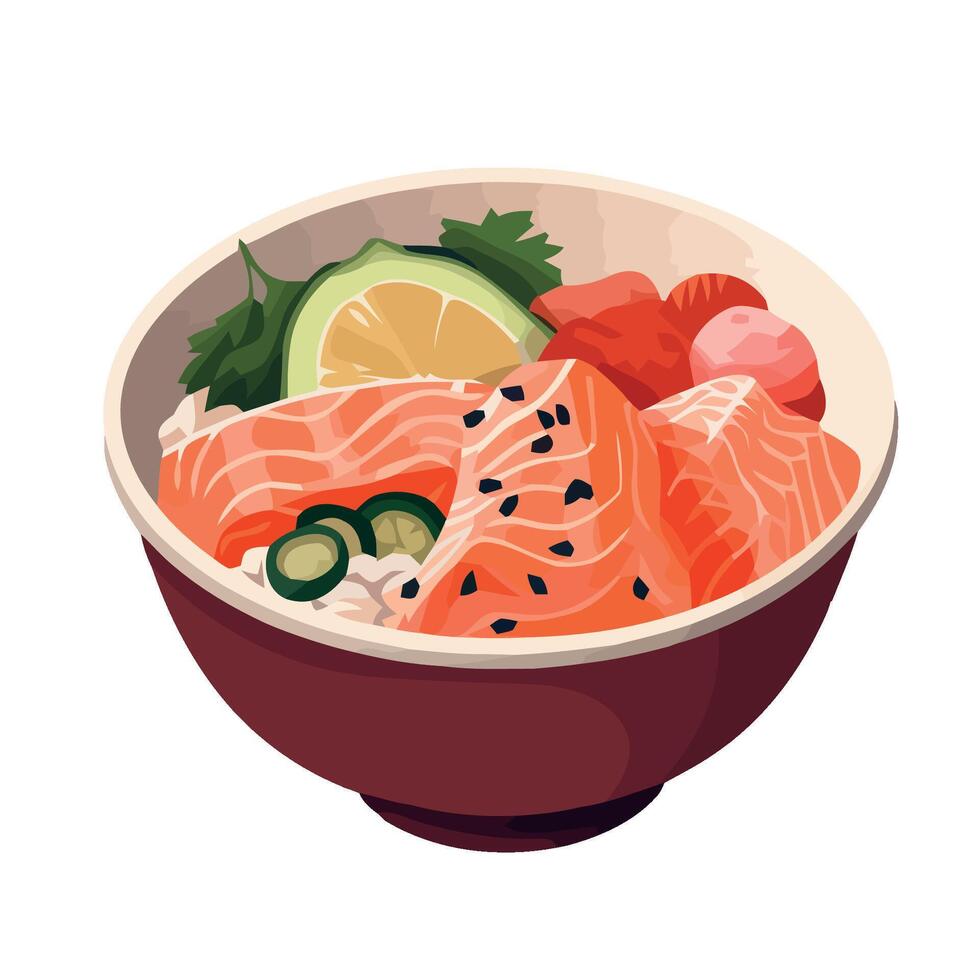 Salmon sushi bowl with rice, vegetables and cucumber vector