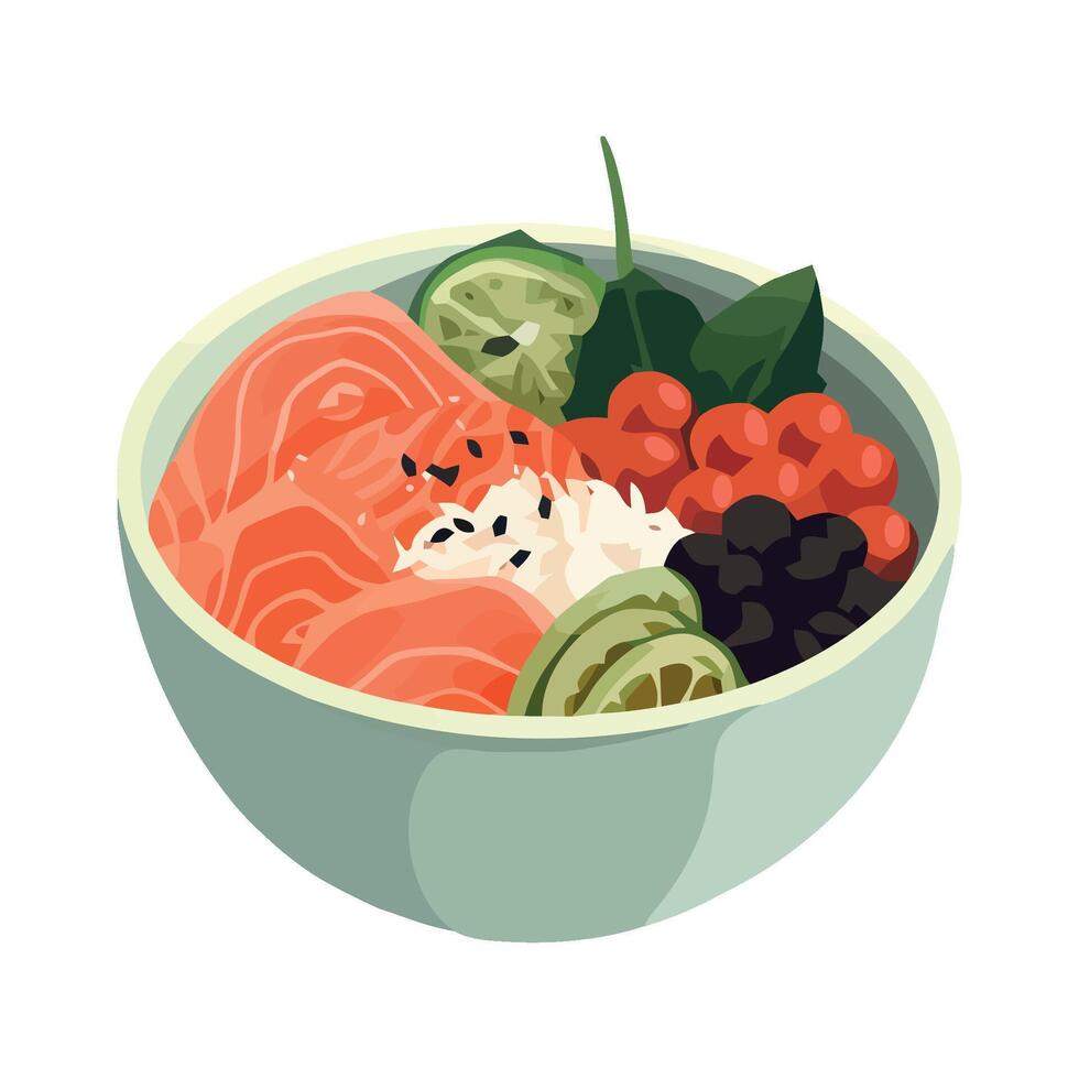 Salmon sushi bowl with vegetables and fruit vector