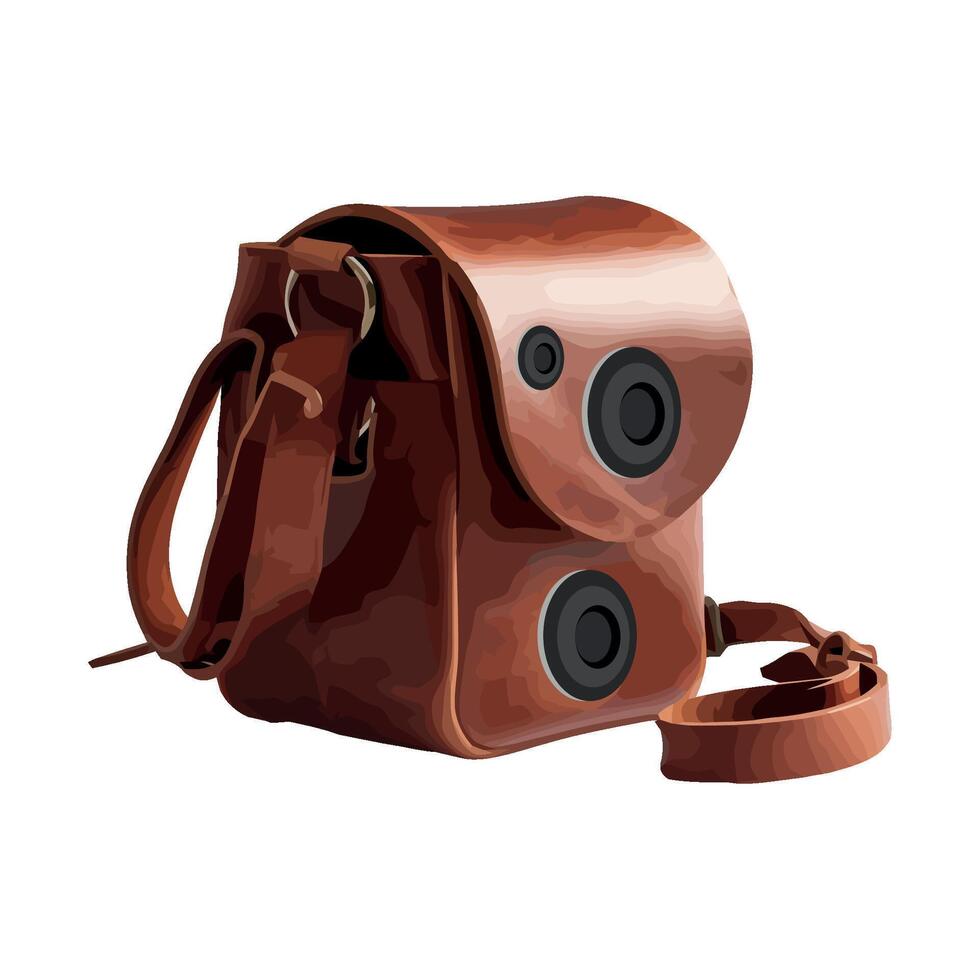 A brown leather camera bag with two speakers vector
