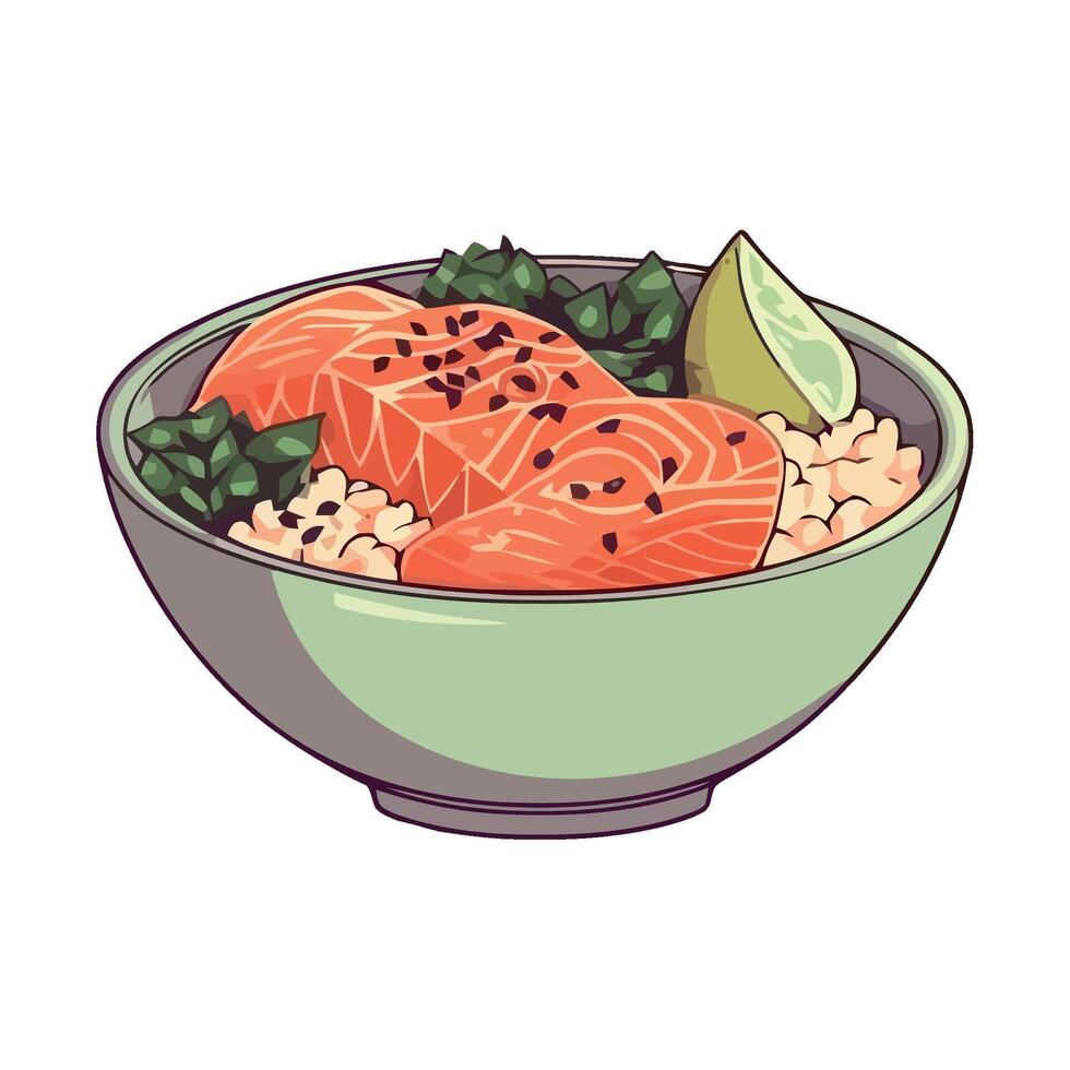 A bowl of salmon and rice with a lime slice vector
