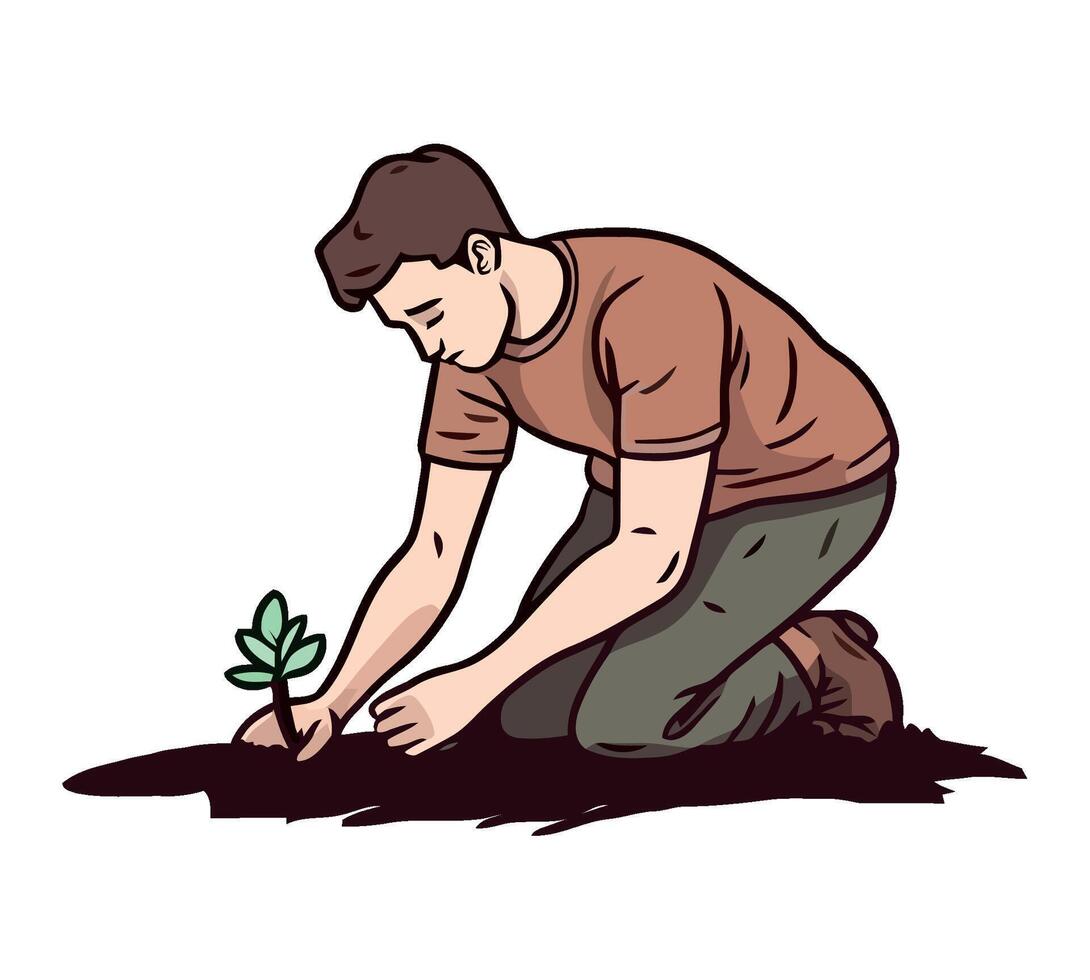 A man is planting a plant in the ground vector