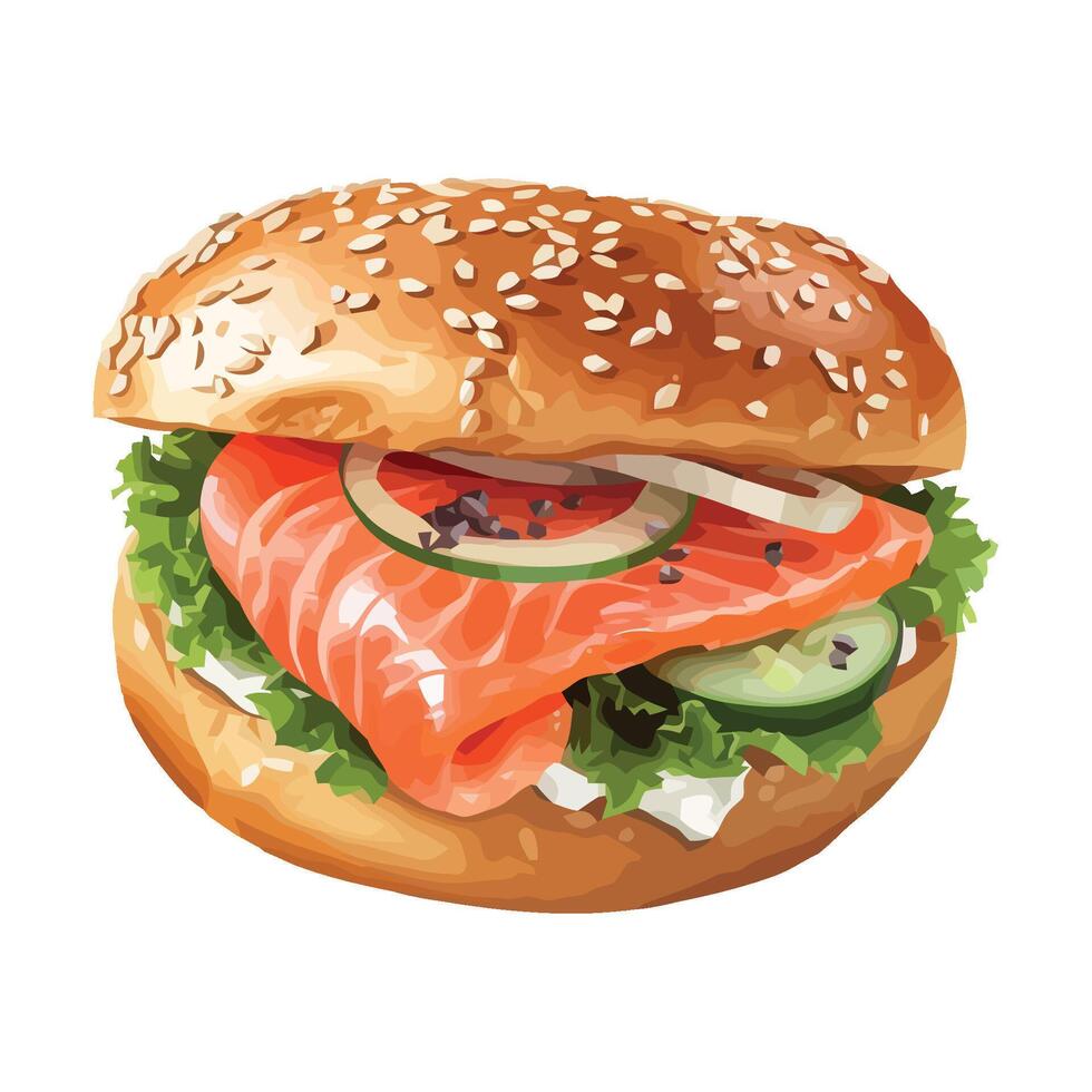 A hamburger with salmon and cucumbers on it vector