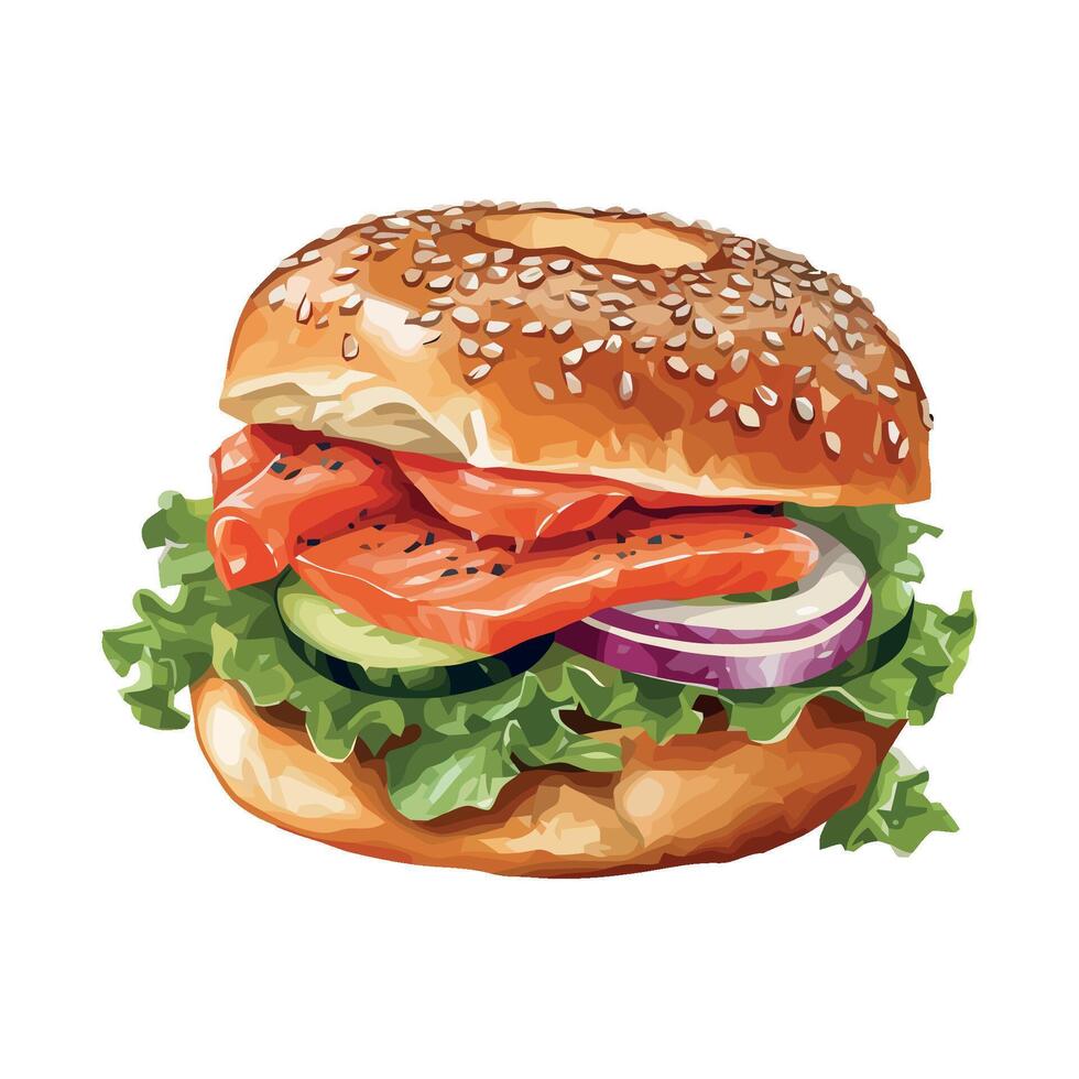 A hamburger with salmon, lettuce and onions vector