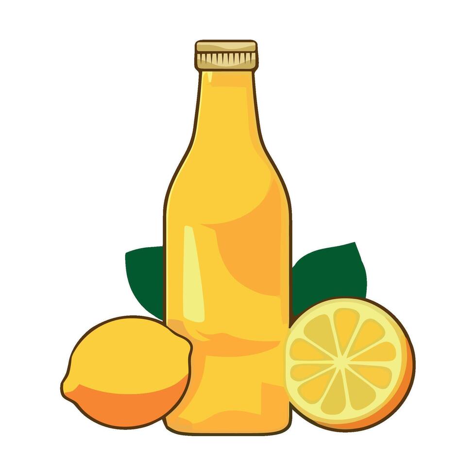A bottle of lemon juice and lemons on a white background vector