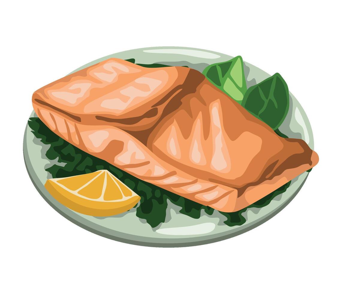 Salmon on a plate with lemon and spinach vector