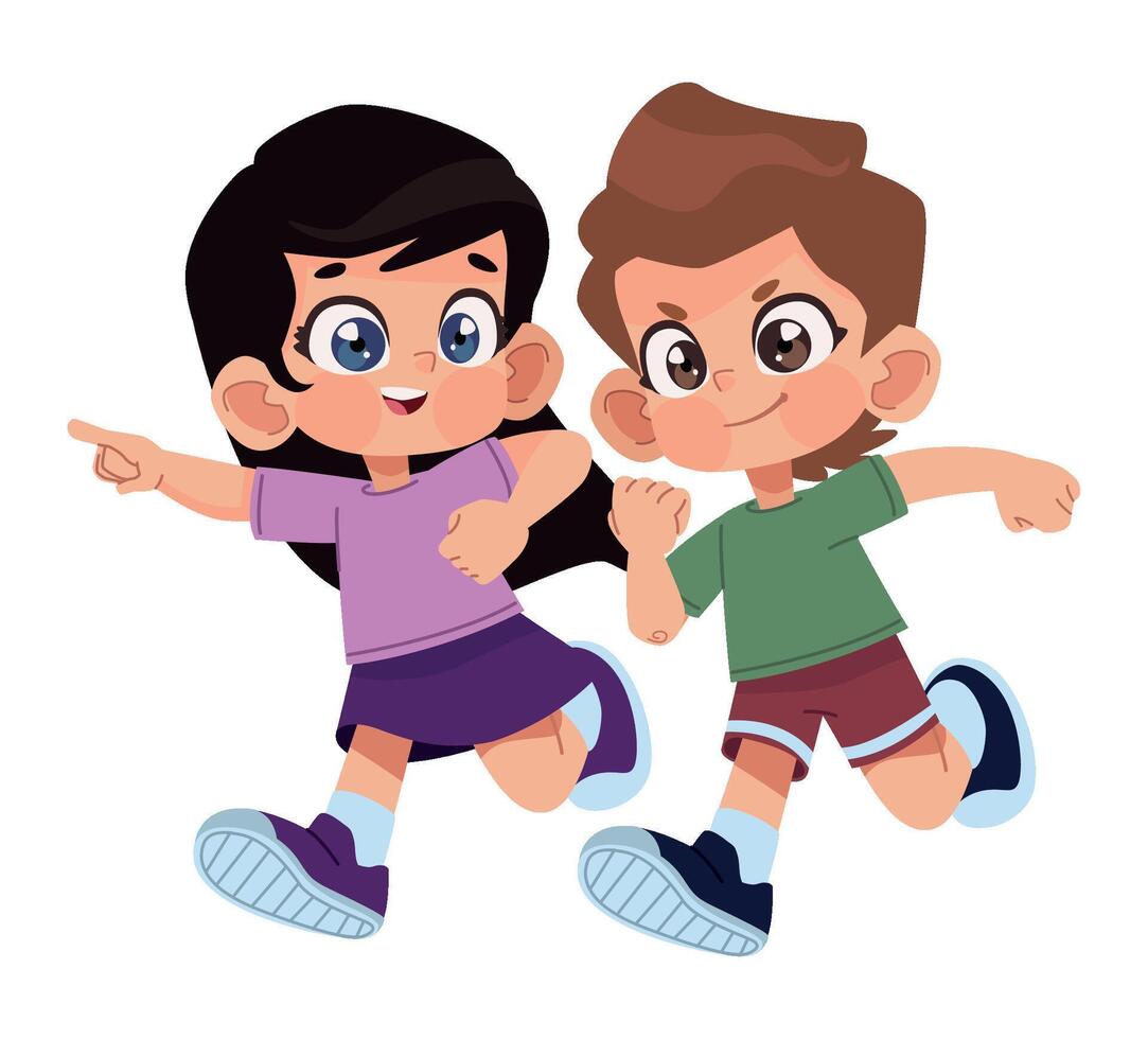 Cartoon boy and girl running together vector