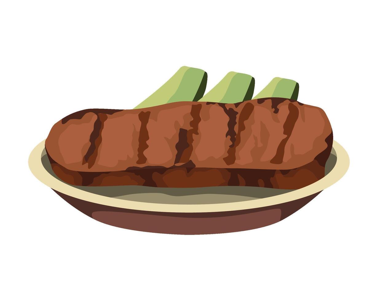 Steak with avocado and lettuce on a plate vector