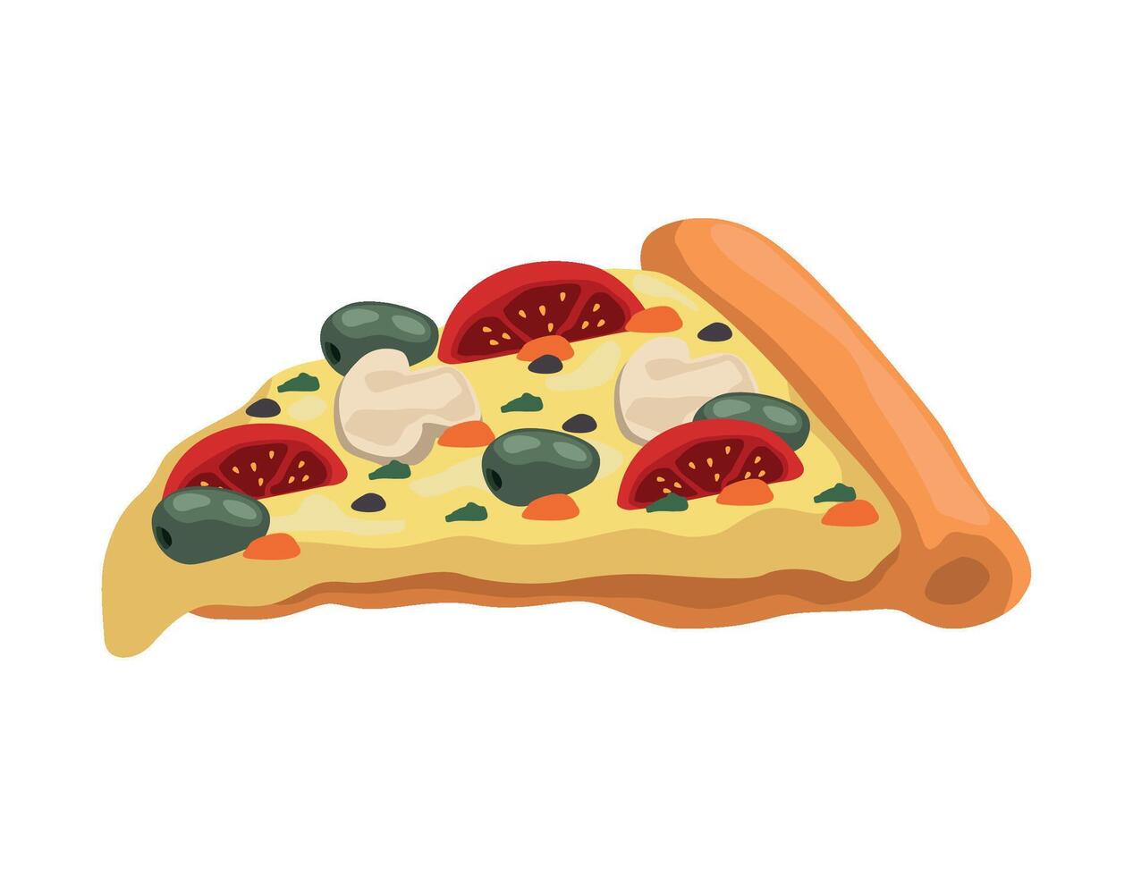 A slice of pizza with olives, tomatoes and cheese vector