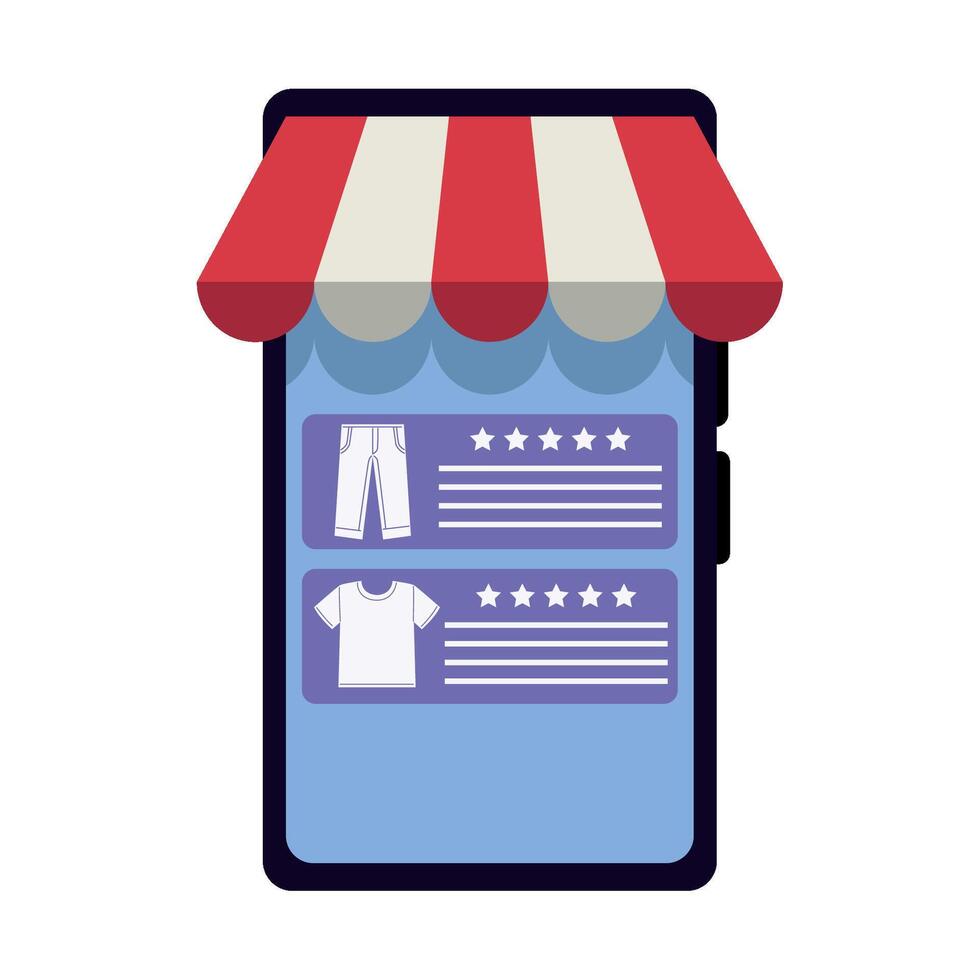 A smartphone with a store front and clothes on it vector