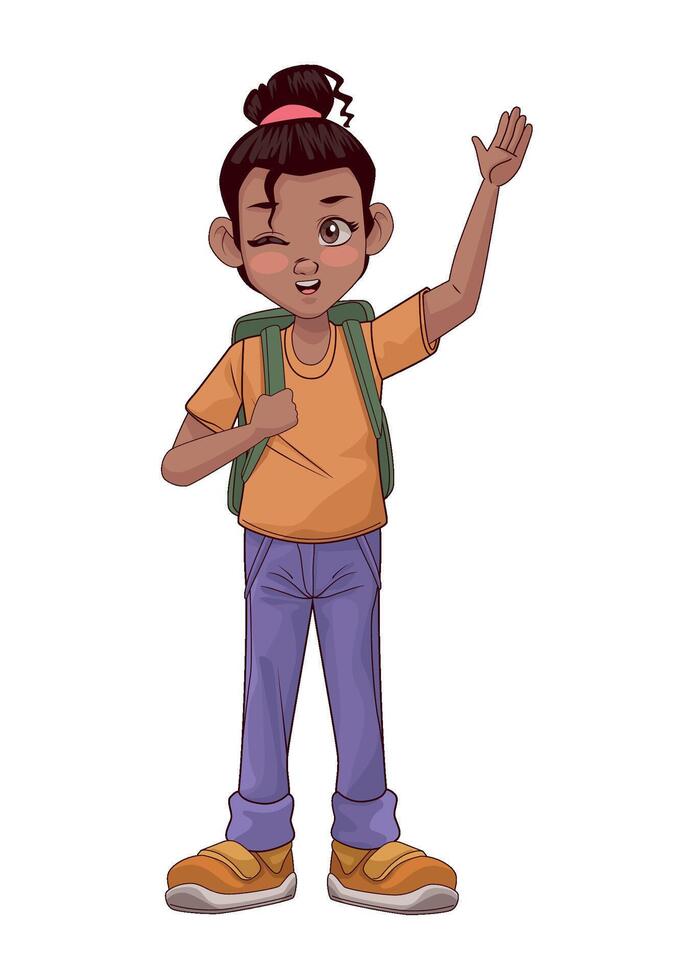 A cartoon girl waving with her hand up vector