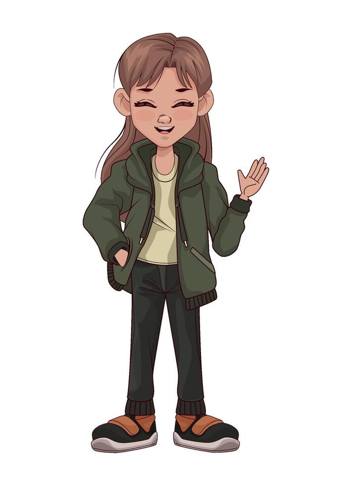 A cartoon girl in a green jacket and black pants vector
