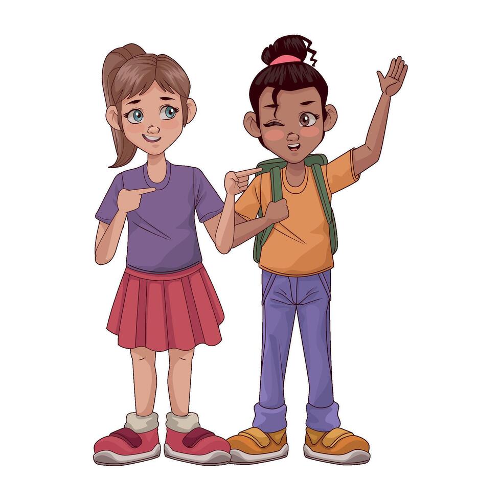 Two children standing together with their hands up vector