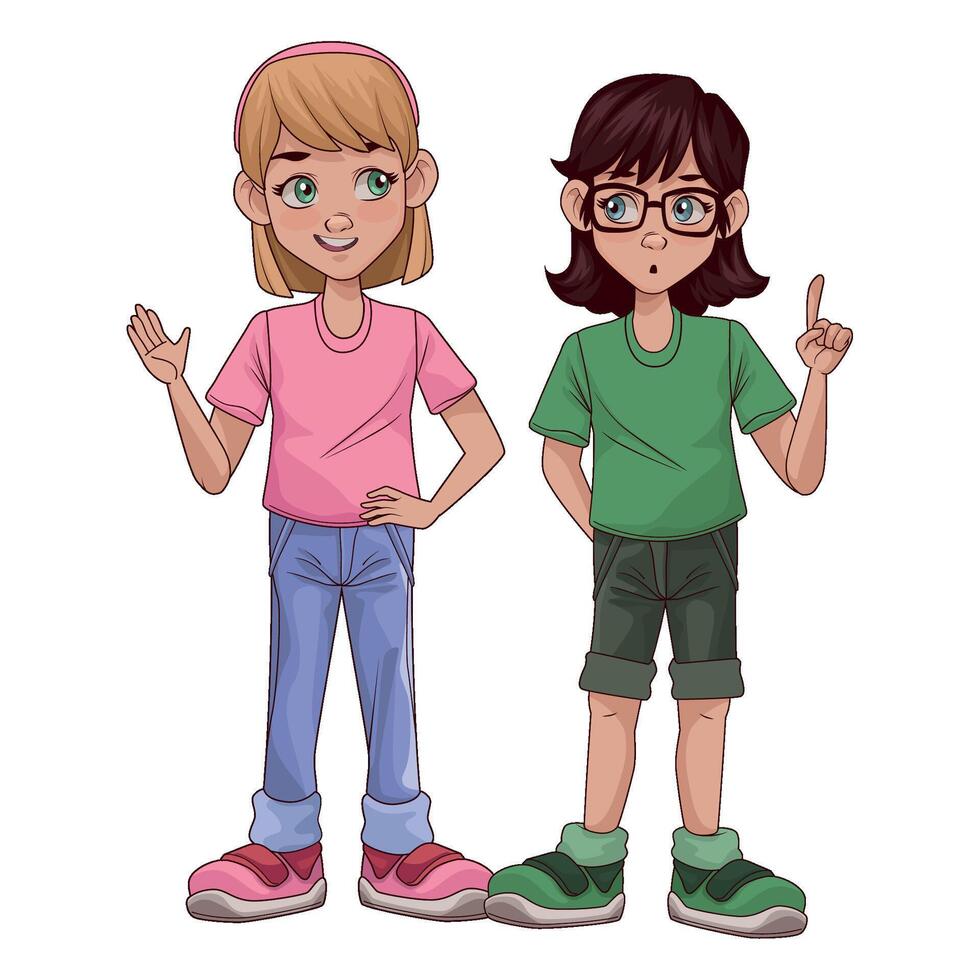 Cartoon girl and boy standing side by side vector