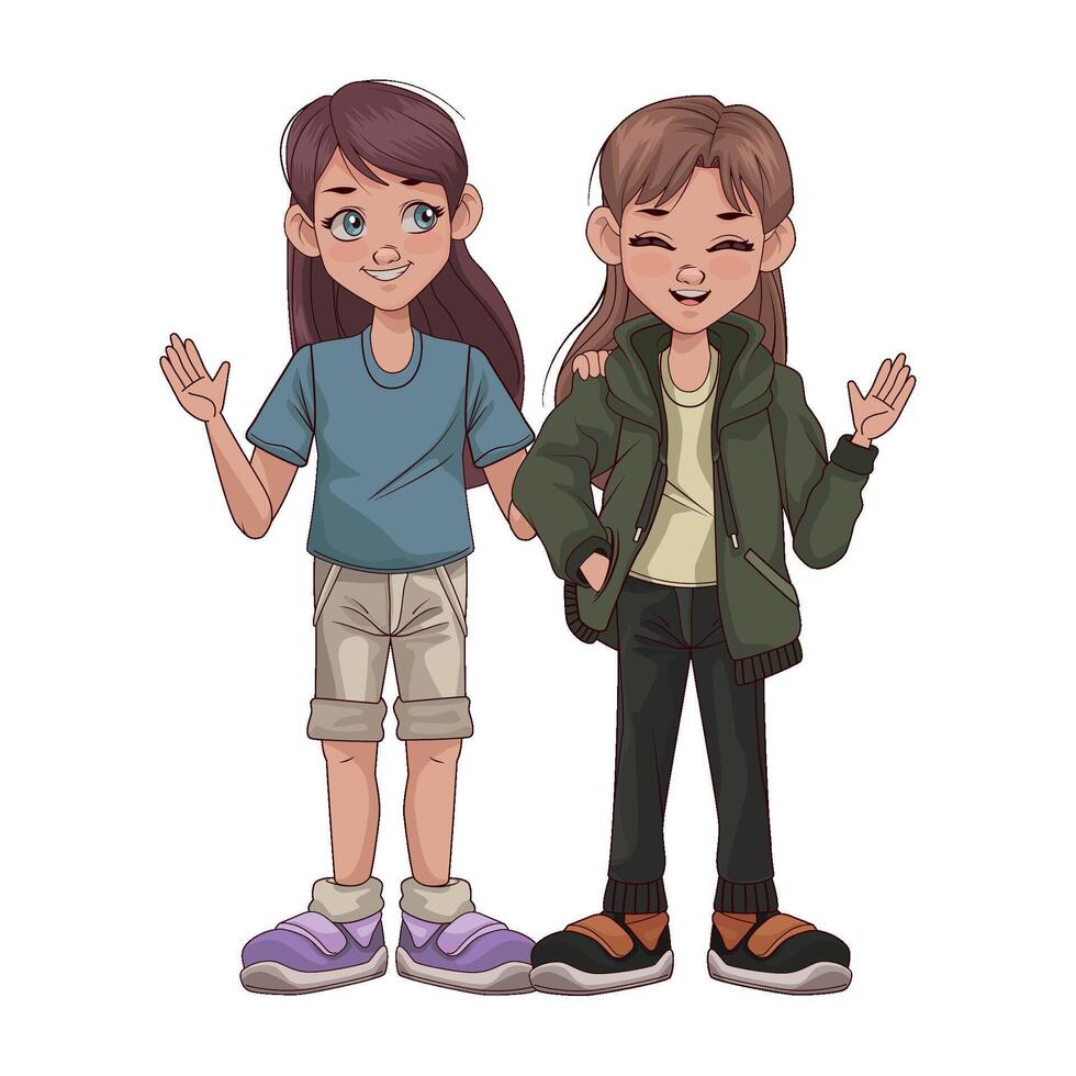 Two girls in green jackets and shorts standing together vector