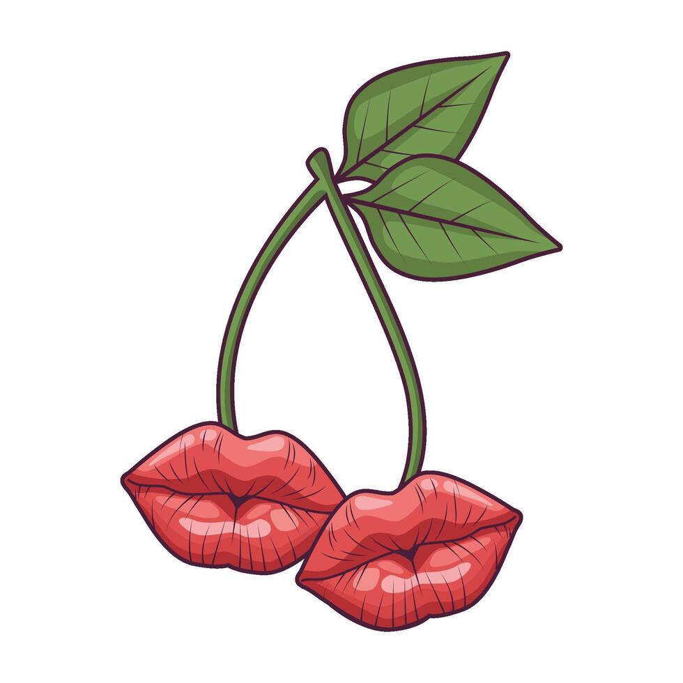 Two red lips with leaves on a white background vector
