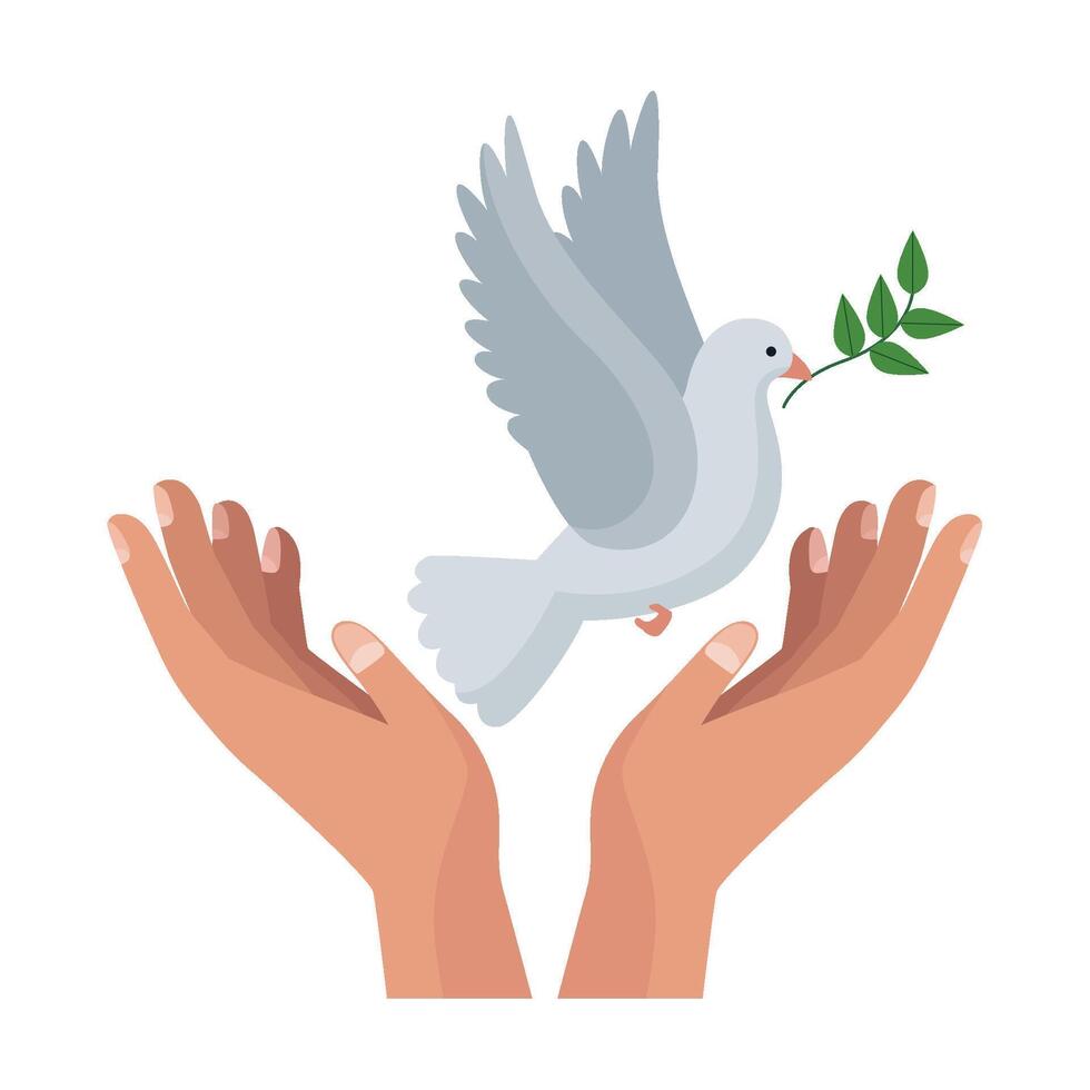 Two hands holding a dove with an olive branch in the air vector