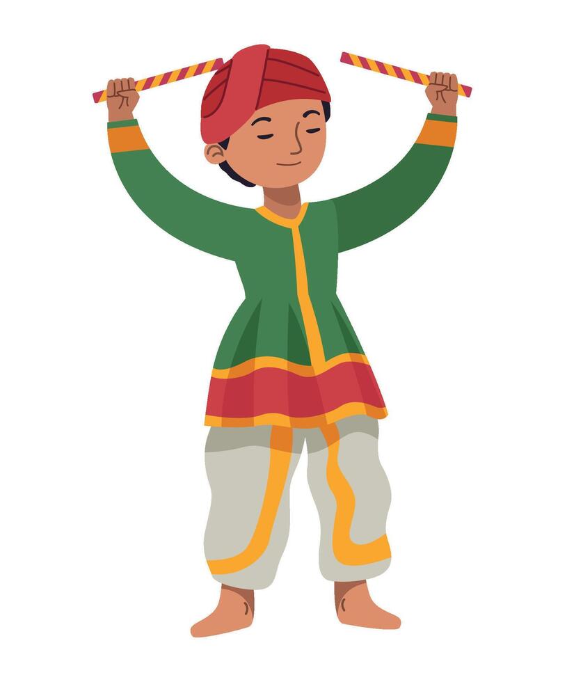 Indian boy dancing with sticks, cartoon illustration vector